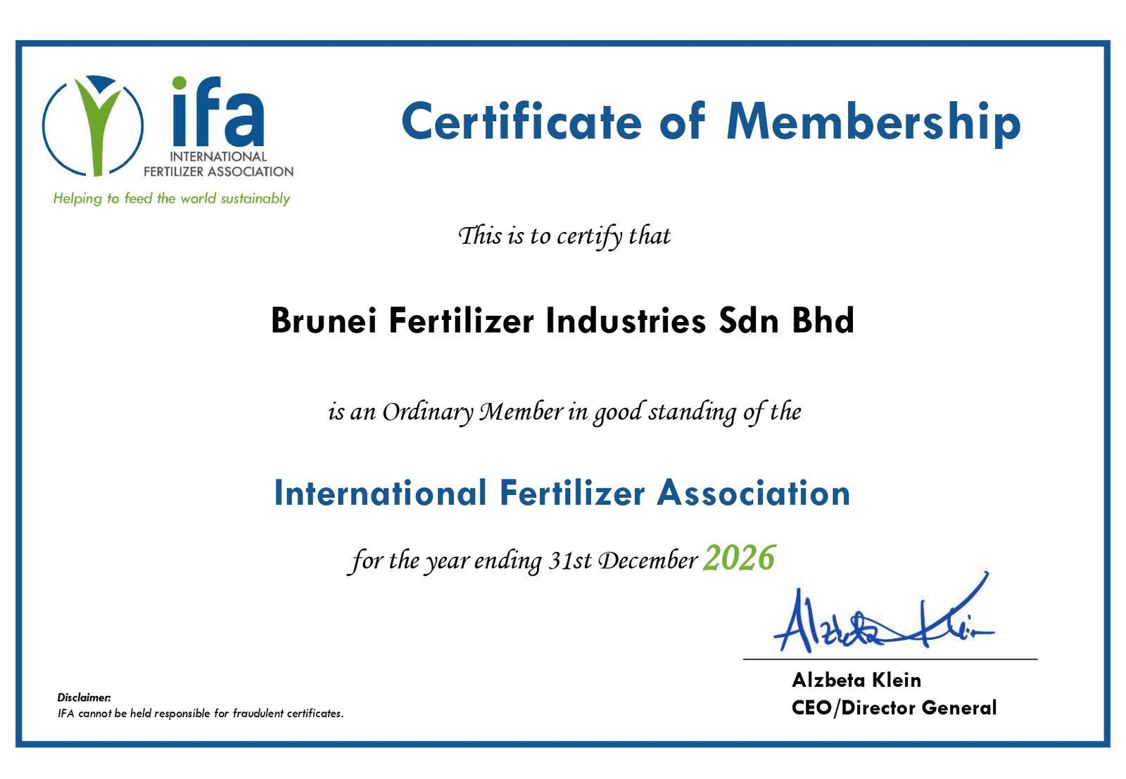 2026 - International Fertilizer Association (IFA) Member Certificate